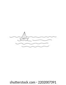 Cute sea sailboat on waves line art vector isolated on white background - Illustration. sailboat coloring Page Isolated for Kids. for posters, wall art, tote bag, t-shirt print, sticker. 