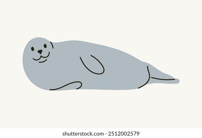 Cute sea seal, funny face water animal, northern water animal, happy cute dog, lying down sea dog, funny aquatic animal, kids children's zoo flat vector illustration.