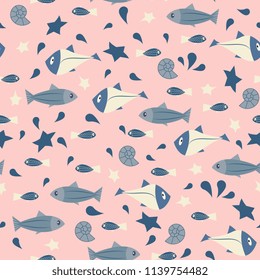 cute sea seamless pattern. Fish and seashells on a pink background.for fabric textile design, wallpapers,cloth,bags,scrapbook paper.Child drawing style cartoon