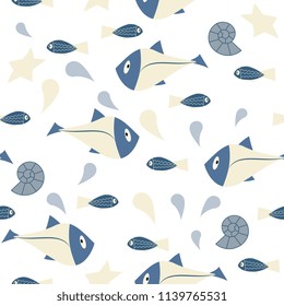 cute sea seamless pattern. Fish and seashells on a white background.for fabric textile design, wallpapers,cloth,bags,scrapbook paper.Child drawing style cartoon