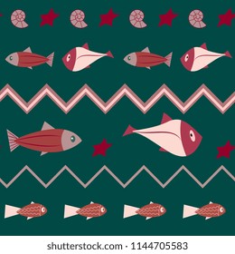 cute sea seamless pattern. Fish on a green background.for fabric textile design, wallpapers,cloth,bags,scrapbook paper.Child drawing style cartoon