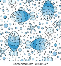 Cute sea seamless pattern with fish and bubbles.