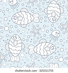 Cute sea seamless pattern with fish and bubbles.