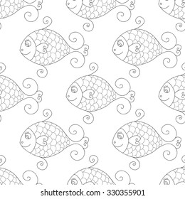 Cute sea seamless pattern with fish. Cute black and white print.