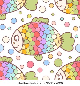 Cute sea seamless pattern with fish and bubbles. 