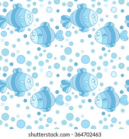 Cute sea seamless pattern with fish and bubbles.