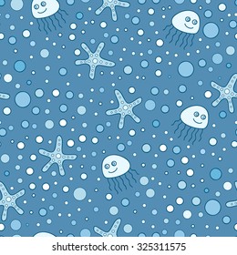 Cute sea seamless pattern with jellyfish, starfish and bubbles.