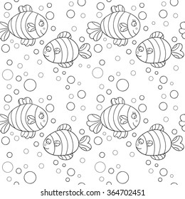 Cute sea seamless pattern with monochrome fish and bubbles.