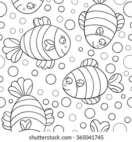 Cute sea seamless pattern with monochrome fish and bubbles.