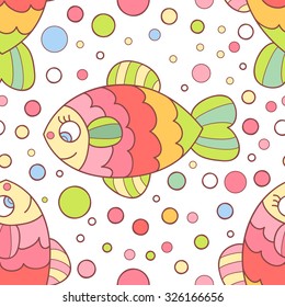 Cute sea seamless pattern with rainbow fish and bubbles.