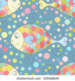 Cute sea seamless pattern with rainbow fish and bubbles. Colorful background.
