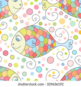 Cute sea seamless pattern with rainbow fish and bubbles. Cute print.