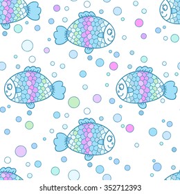 Cute sea seamless pattern with rainbow fish and bubbles. Colorful background.