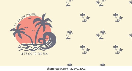 Cute sea seamless pattern with single print for t-shirt. Vector illustration for kids. Summer vacation fashion design. Isolated objects