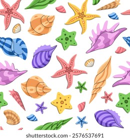 Cute sea seamless pattern with starfish and shells. Summer sea cartoon background. Great design for fabric, wallpaper, manufactory.