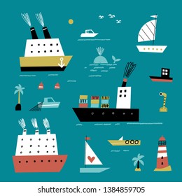 Cute sea set. Cargo and passenger ships, sailboats and boats, lighthouse and islands. Doodle set in scandinavian style.