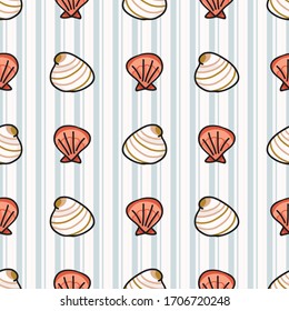 Cute sea shell cartoon seamless vector pattern. Hand drawn spiral clam tile. All over print for nautical blog, mollusk graphic, ocean home decor.