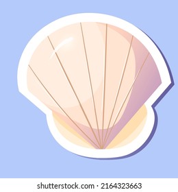 Cute sea shell in cartoon style sticker. Summertime symbol.