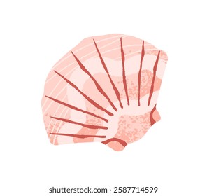 Cute sea shell of mollusk, scallop. Pink cockleshell, ornamented cockle, clam, shellfish. Drawing seashell icon. Ocean decoration, beach decor. Flat isolated vector illustration on white background