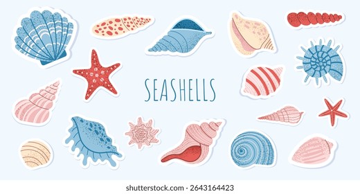Cute sea shells and starfish sticker set. Hand drawn marine elements. Flat ocean clipart for summer design. Vector illustration on light blue background.