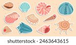 Cute sea shells sticker set. Trendy flat style seashell collection. Ocean underwater sink seashell conch aquatic mollusk. Hand drawn spiral snail, marine animals. Vector illustration