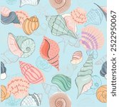 Cute sea shells sticker set. Trendy flat style seashell collection. Ocean underwater sink seashell conch aquatic mollusk. Hand drawn spiral snail, marine animals. Vector illustration