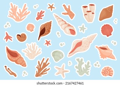 Cute sea shells sticker set vector illustration. Cartoon beach or underwater objects and tropical marine animals collection, badges with little starfish and scallop, clam and coral, water bubbles
