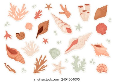 Cute sea shells sticker set vector illustration. Cartoon beach or underwater objects and tropical marine animals collection, badges with little starfish and scallop, clam and coral, water bubbles