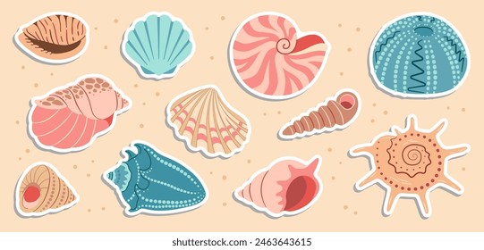 Cute sea shells sticker set. Trendy flat style seashell collection. Ocean underwater sink seashell conch aquatic mollusk. Hand drawn spiral snail, marine animals. Vector illustration