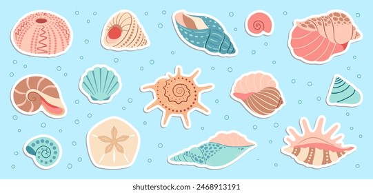 Cute sea shells sticker set. Trendy flat style seashell collection. Ocean underwater sink seashell conch aquatic mollusk. Hand drawn cartoon spiral snail, marine animals. Vector illustration