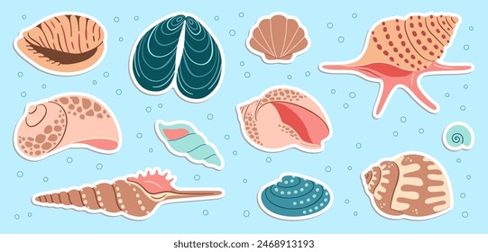 Cute sea shells sticker set. Trendy flat style seashell collection. Ocean underwater sink seashell conch aquatic mollusk. Hand drawn cartoon spiral snail, marine animals. Vector illustration