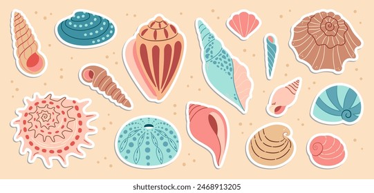 Cute sea shells sticker set. Trendy flat style seashell collection. Ocean underwater sink seashell conch aquatic mollusk. Hand drawn cartoon spiral snail, marine animals. Vector illustration