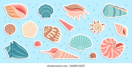 Cute sea shells sticker set. Trendy flat style seashell collection. Ocean underwater sink seashell conch aquatic mollusk. Hand drawn cartoon spiral snail, marine animals. Vector illustration