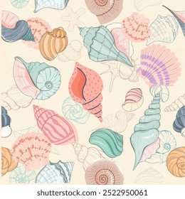 Lindo conjunto de pegatinas de conchas de mar. Colección de conchas de estilo plano de moda. Océano bajo el agua concha de concha de molusco acuático. Caracol espiral dibujado a mano, animales marinos. Ilustración vectorial