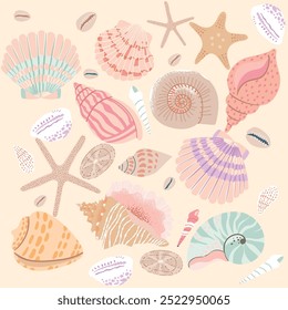 Lindo conjunto de pegatinas de conchas de mar. Colección de conchas de estilo plano de moda. Océano bajo el agua concha de concha de molusco acuático. Caracol espiral dibujado a mano, animales marinos. Ilustración vectorial