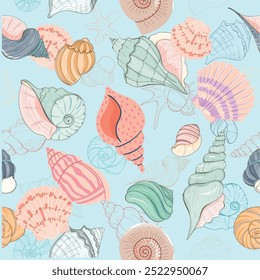 Lindo conjunto de pegatinas de conchas de mar. Colección de conchas de estilo plano de moda. Océano bajo el agua concha de concha de molusco acuático. Caracol espiral dibujado a mano, animales marinos. Ilustración vectorial