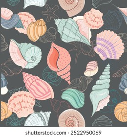 Lindo conjunto de pegatinas de conchas de mar. Colección de conchas de estilo plano de moda. Océano bajo el agua concha de concha de molusco acuático. Caracol espiral dibujado a mano, animales marinos. Ilustración vectorial