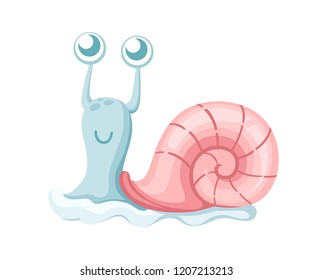 Cute sea snail. Cartoon character design. Blue snail with pink shell. Flat vector illustration isolated on white background.