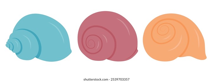 Cute sea snail vector set cute cartoon style. Seashell collection on white background.