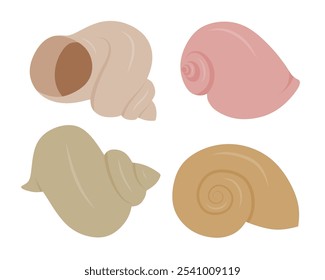 Cute sea snail vector set cute cartoon style. Seashell collection on white background.