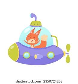 Cute sea submarine with baby fox vector illustration. Cartoon isolated happy animal swimming in bathyscaphe on sea or ocean waters, fun marine adventure of funny character looking out illuminator