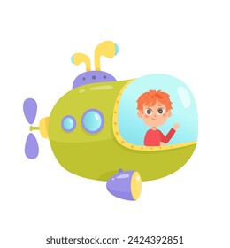 Cute sea submarine with kid vector illustration. Cartoon isolated happy funny boy looking out porthole of ship and welcome. Travel in bathyscaphe with friends. Underwater adventure.