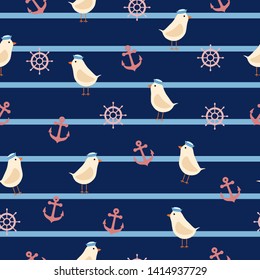 Cute sea summer seamless pattern with birds anchor on blue background for print and textile with stripes.