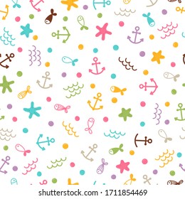 El verano marino sin fisuras, con perlas, peces y peces estrellados. Fondo marino. Perfecto para envolver papel, textil y diseño web. Ilustración del vector