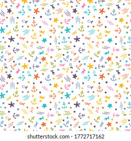 Cute sea summer seamless pattern with fishes, anchors and starfishes. Marine background. Perfect for wrapping paper or textile. Vector illustration