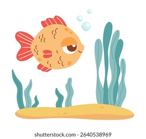 Cute Sea tropical fish and Plants algae on sandy seabed. Funny Cartoon character animal. Underwater seascape landscape. Vector illustration. Kids collection