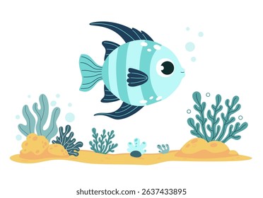 Cute Sea tropical striped fish and algae on sandy seabed. Funny Cartoon character animal. Underwater seascape landscape. Vector illustration. Kids collection