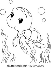 cute sea turrle cartoon coloring page swimming under the sea,vector illustration