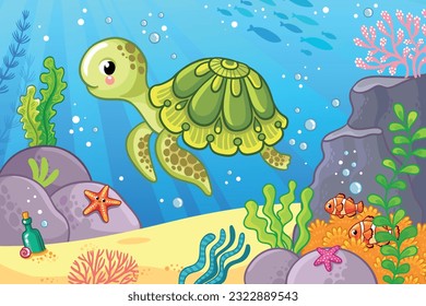 Cute sea turtle in the sea among fish and algae. Vector illustration with dangerous fish in cartoon style.