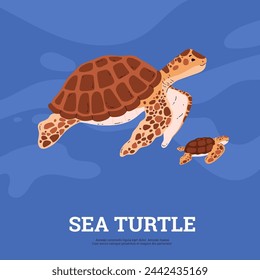 Cute sea turtle with baby. Cartoon tortoises with brown shell floating in water. Vector flat poster with marine reptile animals family. Ocean wild life, exotic amphibian card design